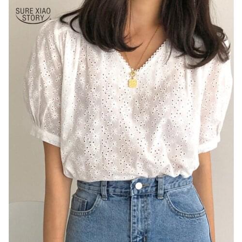 2021 Pullover White Blouse Ladies Tops Summer Short Sleeve Hollow Out Blouse Women Office Lady V Neck Floral Women Shirt Chic