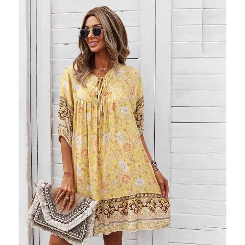 Summer Half Sleeve Dress Flower New Loose Boho Style Floral Printed Fashion Ladies V Neck Lace-Up Hollow Out Woman Short Dresses