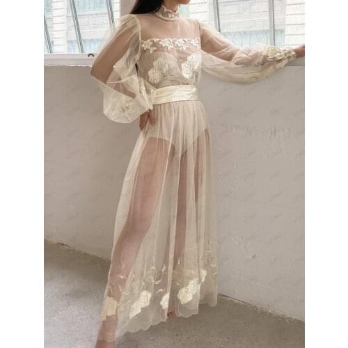 LO&LI 2021 New Vitage Sexy Bridal Boho Robe Dress Champagne Princess Long Sleeve Wedding Gowns