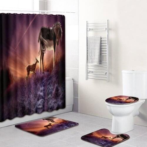 Animal Sika Deer Elk 4 Pcs/Set Shower Curtain Bath Rug Set Toilet Cover Bath Mat Set Bathroom Accessories Curtains with Hooks