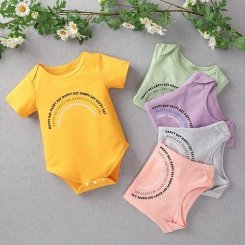 2021 Summer Cute Baby Girl Fashion Romper Infant Candy Color Short Sleeve Triangle Romper Letter Print Rainbow Bodysuit