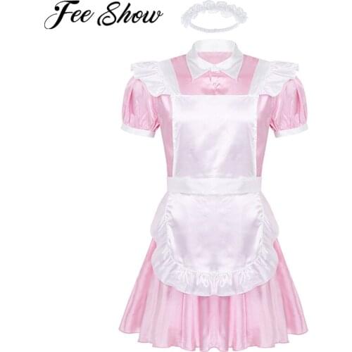 3Pcs Men Adults Sexy Erotic Cosplay Costumes Maid Outfits Turn-down Collar Puff Sleeves Front Button Down Sissy Dress with Apron