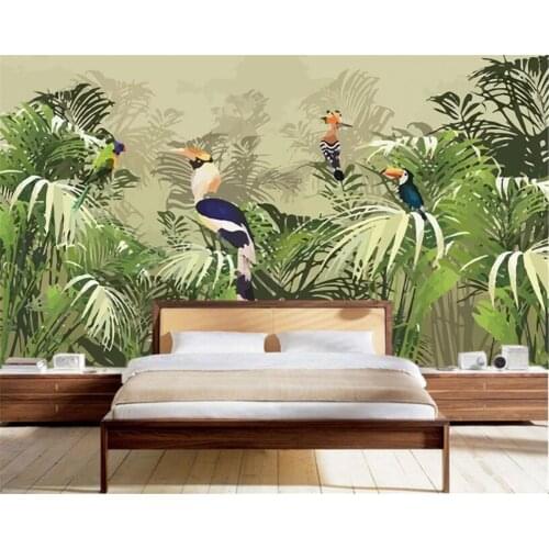 Beibehang 3D Wallpaper Retro Tropical Rainforest Parrot Palm Leaf Living Room TV Background Wall wallpaper for walls 3 d