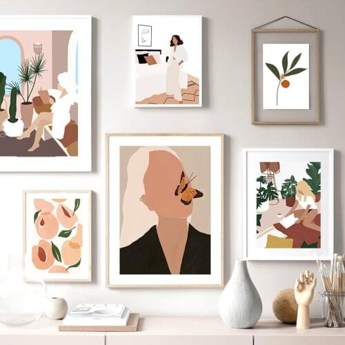 Abstract Girl Plant Fruit Leaf Vintage Nordic Posters And Prints Wall Art Canvas Painting Wall Pictures For Living Room Decor