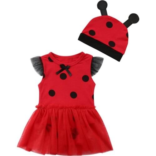 Toddler Newborn Baby Girl Bodysuits Summer Ladybug Dot Lace Tutu Hat Round Neck Outfits Sleeveless Girls Clothing Red Cute 0-18M