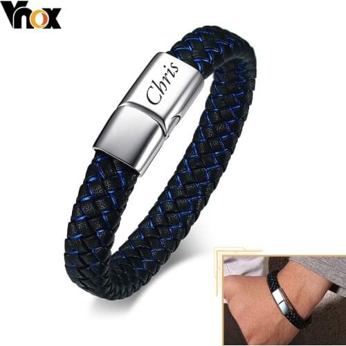 Vnox Free Customized Name ID Bracelets for Men,Casual Braided Genuine Leather Rope Bangle,Personalize Male Gifts Jewelry