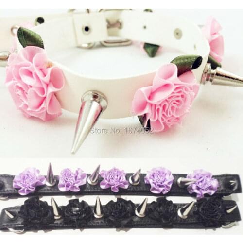 100% Handcrafted Harajuku Lolita Punk Leather Flower Long Spikes Choker Collar Necklace