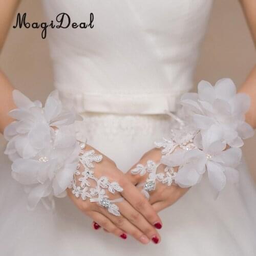 Elegant Wedding Short Fingerless Fabulous Lace Flower Gloves Rhinestone Evening Party Women Ladies Bridal Gloves