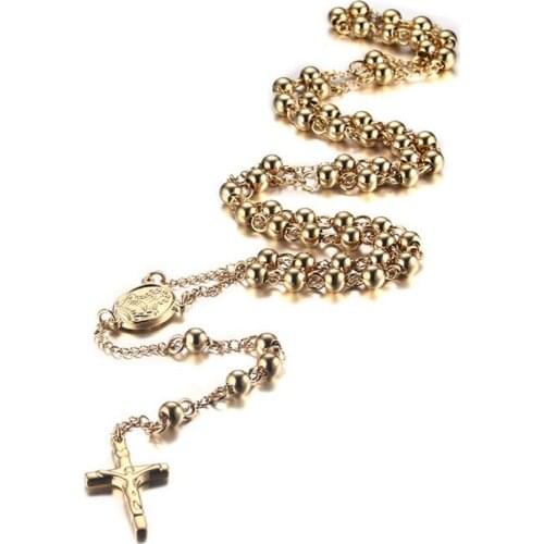 GorGor Necklace Unisex Stainless Steel Golden Cross Pattern Long Sweater Chain or Bead Chain Popular Various People NC-057