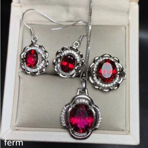 KJJEAXCMY exquisite jewelry 925 pure silver inlaid natural pigeon blood red topA stone lady Jewelry Set Ring Pendant Earrings 4