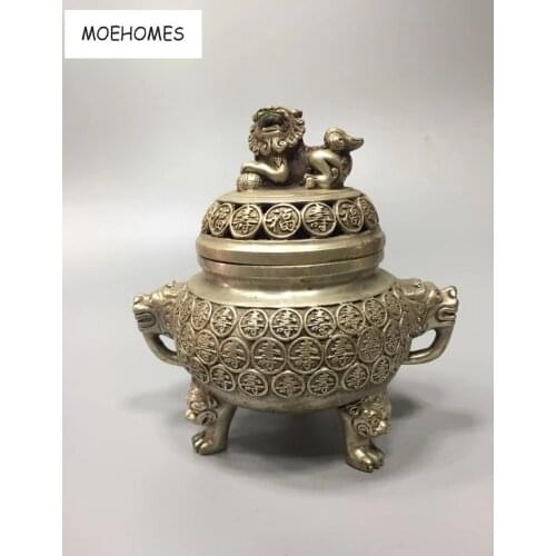 MOEHOMES Chinese old antique silver Lions, blessings, longevity foo statues incense burner home decoration metal crafts