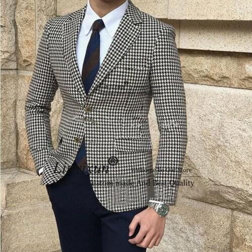 Plaid Casual Men Suits for Groom Wedding Tuxedos 2 Piece Checked Houndstooth Slim Fit Best Male Fashion Blazer With Black Pants