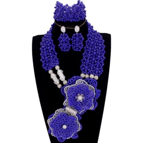 Dudo Royal Blue African Custome Party Jewelry Set Crystal Beaded Handmade Flowers Dubai Necklace Set Free Shipping
