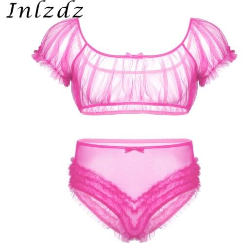 Mens Sissy Mesh Lingerie Set See Through Sheer Crop Top with High Waist Frilly Ruffle Underwear Panties Sissy Crossdresser Suit