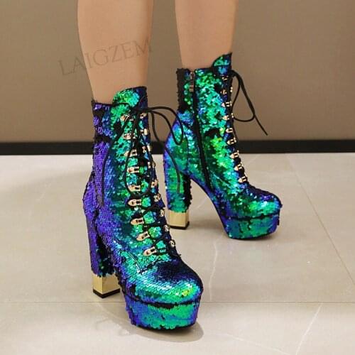 LAIGZEM Bling Women Ankle Boots Side Zip Block Square High Heels Sequined Prom Party Female Shoes Woman Big Size 33 41 42 43