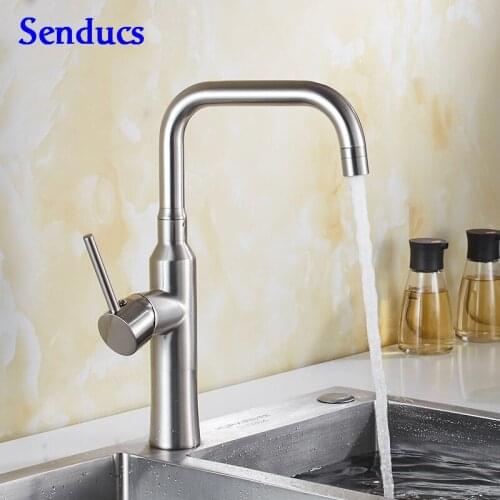 Senducs Brushed Kitchen Faucet Deck Mounted Hot Cold Bathroom Basin Sink Faucet Quality Brass Brushed Kitchen Mixer Tap