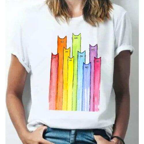 Cute Colorful Long neck Cat printed Women t shirt Casual White Tee Tops Short sleeve O-neck Tee Shirt Femme
