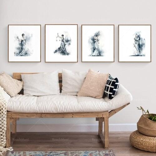 Four Virtues Wall Gallery Set of 4 Fine Art Prints - Lady Justice, Lady Fortitude, Lady Temperance and Lady Prudence, Blue Water