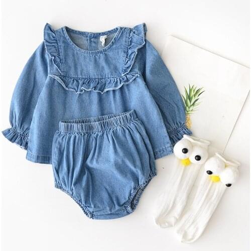 New Childrens Clothing Girl Child Long-sleeve Set Spring Summer Denim Blouse+shorts Children Ruffles Set Baby Outfit Suit Wear
