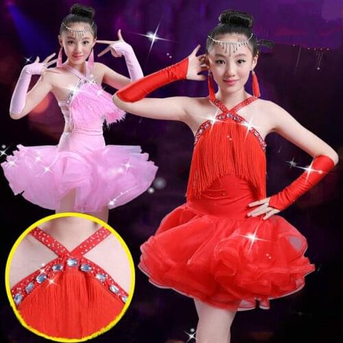 New Children Latin Dance Dress for Competition Kids Tassel Ballroom Dancing Dresses Girls Dress Gymnastics Practice Dance Wear 9
