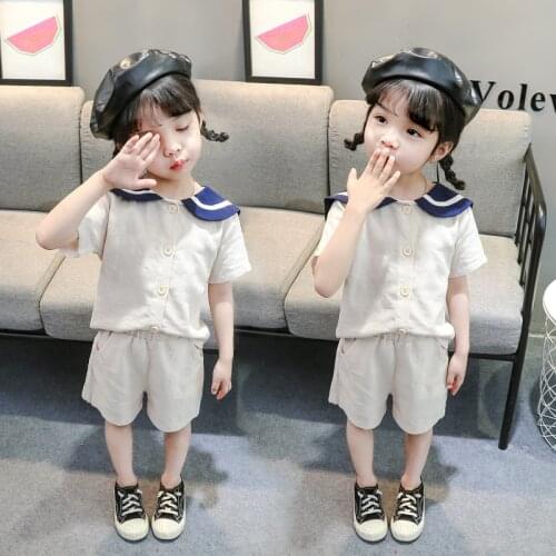 1-5 year girl clothes navy uniform summer two-piece solid color sweatshirt coat + beach pants Korean quality childrens clothing