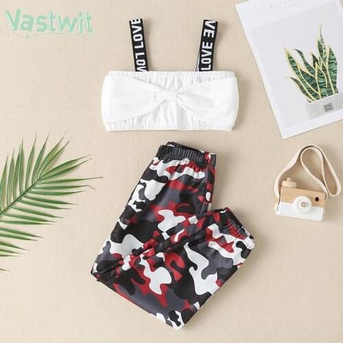 1-6Y 2pcs Summer Kid Toddler Baby Girl Clothes Sets Sleeveless Bowknot Letter Print Crop Top Camouflage Pants Trousers Outfits
