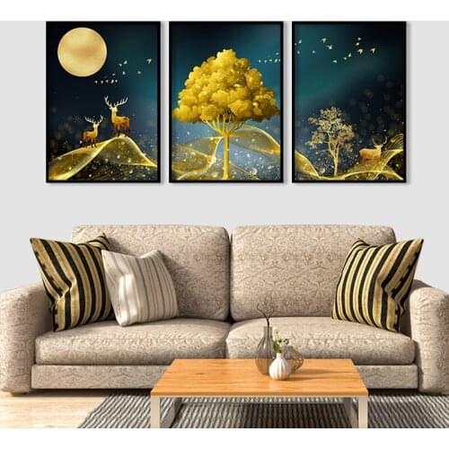 Nordic Golden Abstract Deer Tree Bird Wall Art Canvas Painting Posters and Prints Decorative Pictures for living Room Home Decor