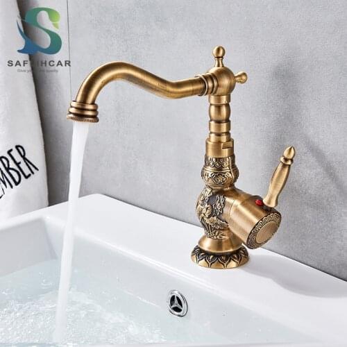 Basin Faucet Antique Copper Brass Bathroom Carved Faucet Hot & Cold Mixer Long Spout Sink Tap 360° Rotation Single Handle Taps