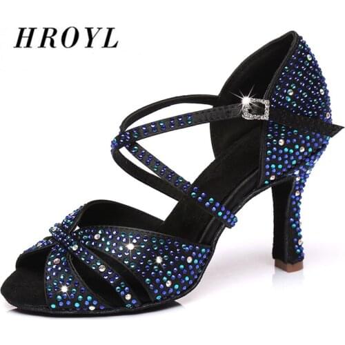 HROYL New Women Latin dance shoes Female Girl salsa sandal Satin+ Rhinestone Ladies Ballroom tango samba Sexy Party Heel 6-10CM
