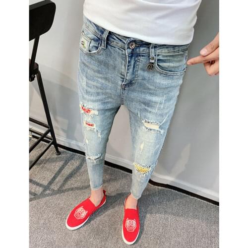 Spring Autumn 2021 mens self-cultivation ripped hole feet jeans social people spirit guy pants net celebrity ankle length pants