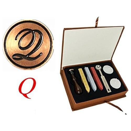Vintage Letter Q Alphabet Initial Q Engraved Wedding Invitation Gift Box Wax Seal Stamp Sticks Melting Spoon Set