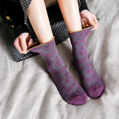 Harajuku Retro Vintage Ethnic Floral Print Ruffle Socks for Women Korean Fashion Woman Socks Japanese Kawaii Cute Christmas Sock