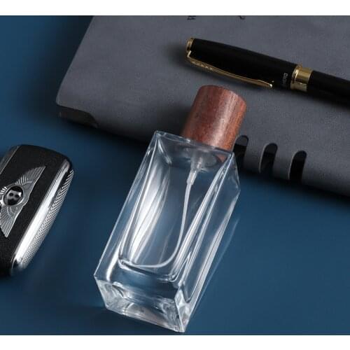High-end 50ML Square Wooden Cap Screw-top Glass Perfume Spray Bottle