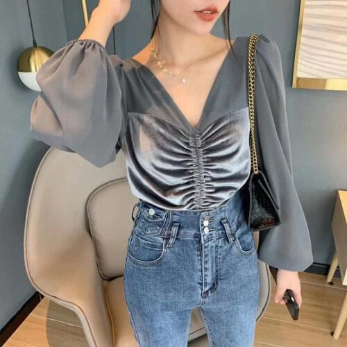 Blouse Women 2020V Collar Pleated Velvet Chiffon Patchwork Long Sleeve Women Blusas Ropa De Mujer