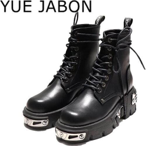 Punk Style Women Ankle Boots Black 6CM Platform Boot High Tops Military Boots Metal Decor Autumn Winter Botas Mujer