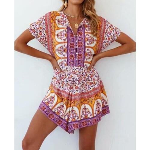 Happie Queens women Boho Bodysuits floarl sleeveless pockets loose Rompers bohemian linen cotton sashes Rompers Jumpsuit