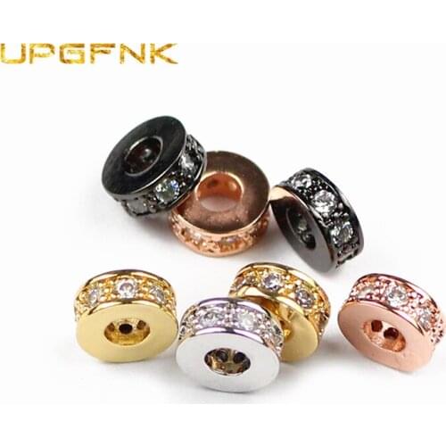 UPGFNK 4pcs 7.5mm Coin Copper Spacer beads Gold Flat Round Pave Zircon Charms metal Loose beads for Jewelry making bracelet DIY