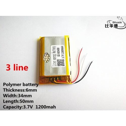 10pcs/lot 3 line Good Qulity 3.7V,1200mAH,603450 Polymer lithium ion / Li-ion battery for TOY,POWER BANK,GPS,mp3,mp4