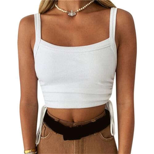 2021 Cropped Tops Solid White Lace Up Bandage Tank Tops Vintage 90s Tops Streetwear Simple Style Ruched Tee Clothes
