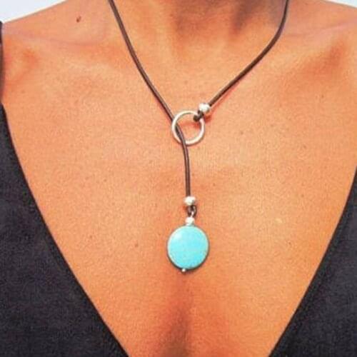 Turquoise leather necklace lariat necklace y shapped necklace turquoise jewelry