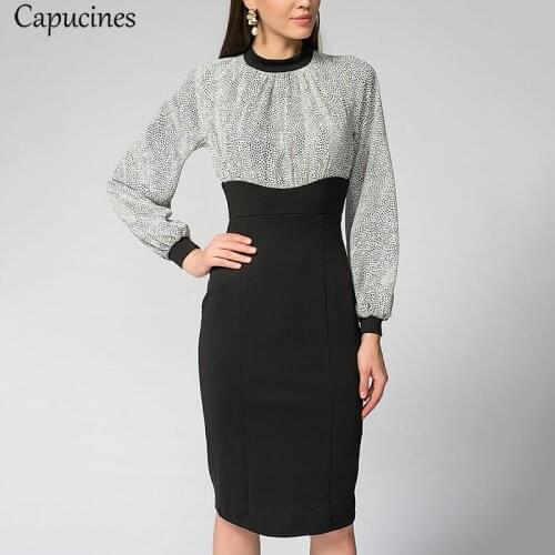 Capucines Printed Splicing Pencil Bodycon Dress Women Lantern Sleeve Slim Slit Hem Elegant Party Dresses Autumn Ladies WorkWear