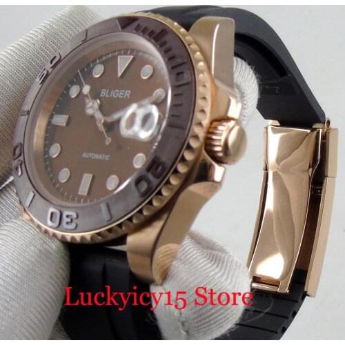 BLIGER 40mm Self Winding Mens Watch Date Window Sapphir Glass Rubber Strap Wristwatch