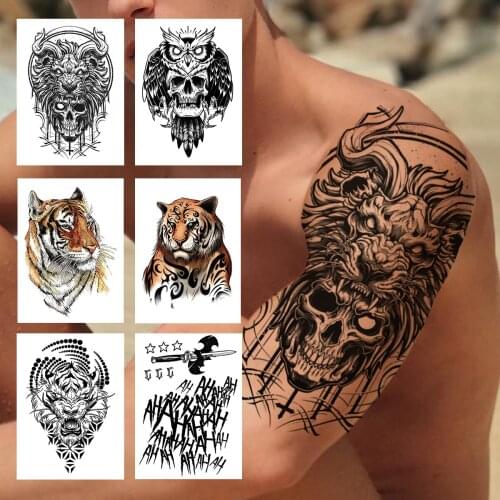 Skull Half Sleeve Monster Temporary Tattoo Men Women Adult Kid Realistic Fake Tiger Tattoo Sticker Devil Owl Skeleton King Tatoo