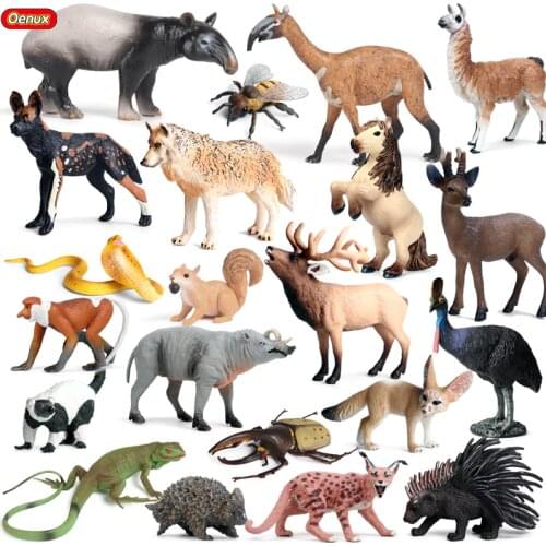 Oenux Classic Forest Wild Animal Simulation Alpaca Lizard Horse Bee BIrd Model Action Figure Miniature Figurines Toy For Kid