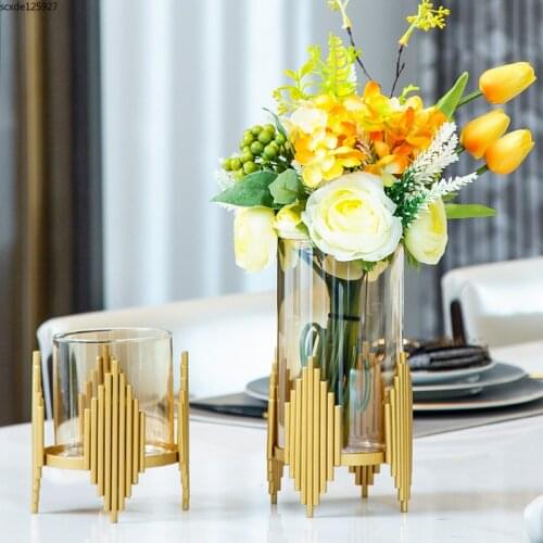European Metal Glass Vase Dried Flowers Arrangement Dining Table Living Room Decoration Hydroponic Flower Vase Home Decoration