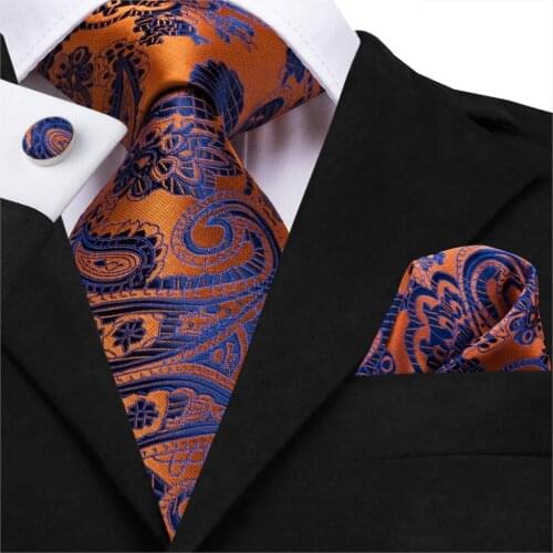 Hi-Tie Men Floral Ties Blue Silk Tie for Wedding Paisley Neck Tie Set Pocket Square Cufflinks Gold Business Tie 150cm SN-3534