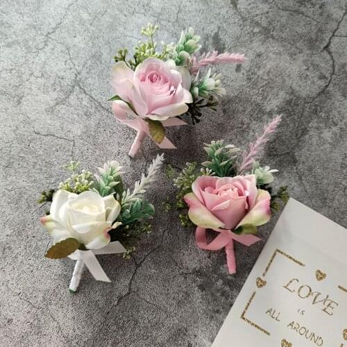 Groom Corsage Wedding Boutonniere Pink Rose Brooch Flowers Silk Lapel Pin Buttonhole Boutonniere for Guests Marriage Accessories