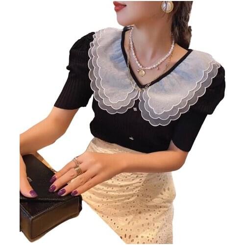 Sweet Knit T-shirts Tops Lady Short Puff Sleeve Patchwork Mesh Collar Buttons Tshirt Pullovers Tops For Girls