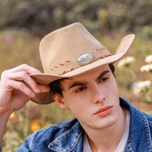 Fashion Men Leather Western Cowboy Hat With Roll Up Gentleman Dad Sombrero Hombre Caps Size 58CM