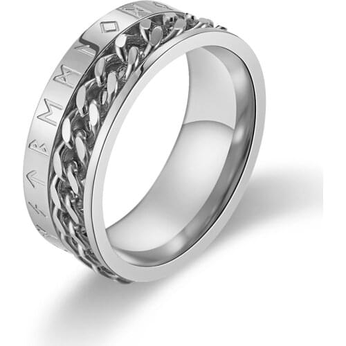 New Viking Words Letter 8mm Cool Black Spinner Chain Ring for Men Stainless Steel Rotatable Links Punk Male Jewelry